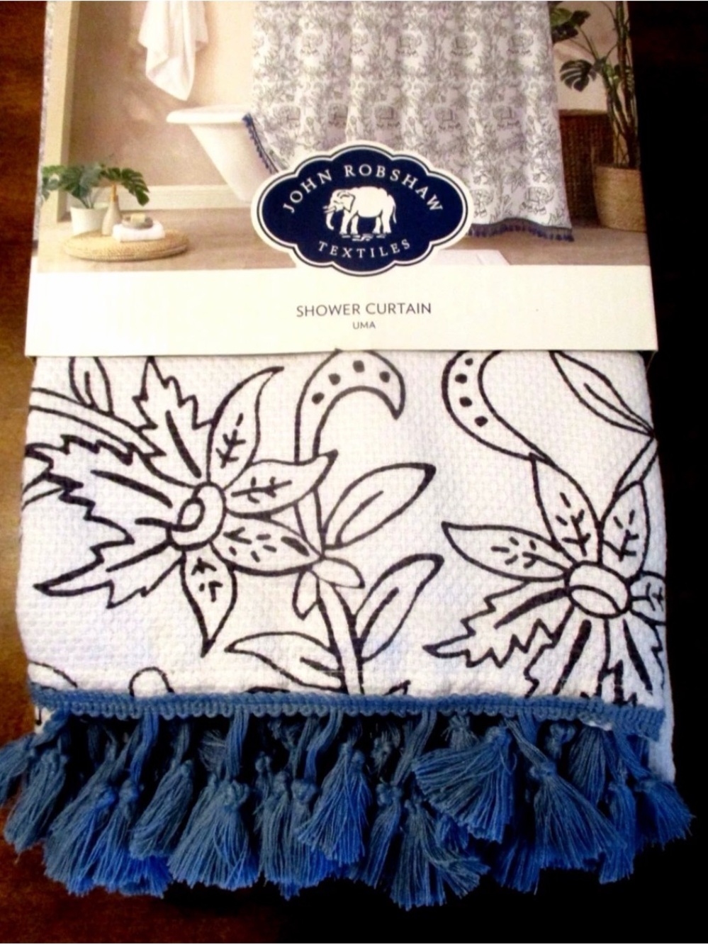 John Robshaw White and Blue Floral Tassel Shower Curtain - Uma